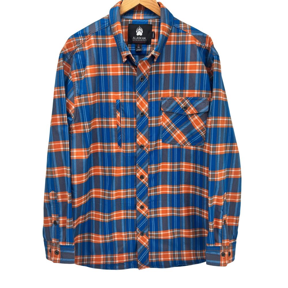 Alaskan Hardgear Shirt Mens XL Flannel Button Up Orange Blue Plaid Chest Pockets